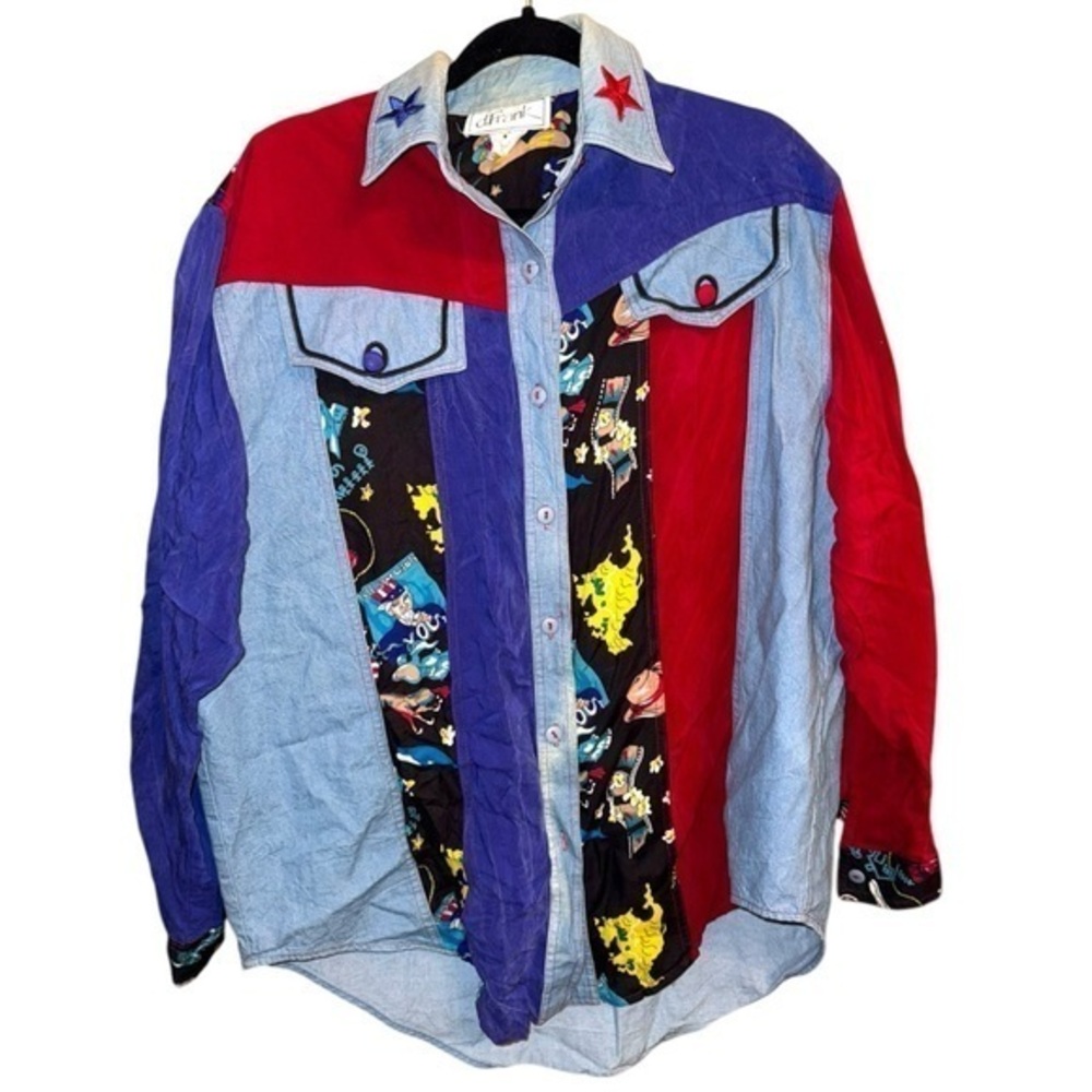 d. Frank Vintage 80s Colorful Long Sleeve Button Down Blouse Top 🇺🇸 ⭐️ 🍿